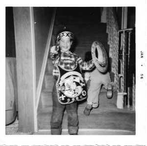As King Arthur, Halloween 1955. That's my 2-year-old sister crawling up the stairs behind me.