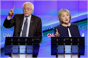 Hillary Rodham Clinton, right, and Sen. Bernie Sanders, of Vermont, speak during the CNN Democratic presidential debate Tuesday, Oct. 13, 2015, in Las Vegas. (AP Photo/John Locher)