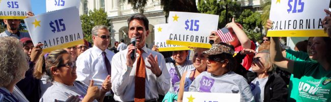 Mark Leno at minimum wage rally, 2016